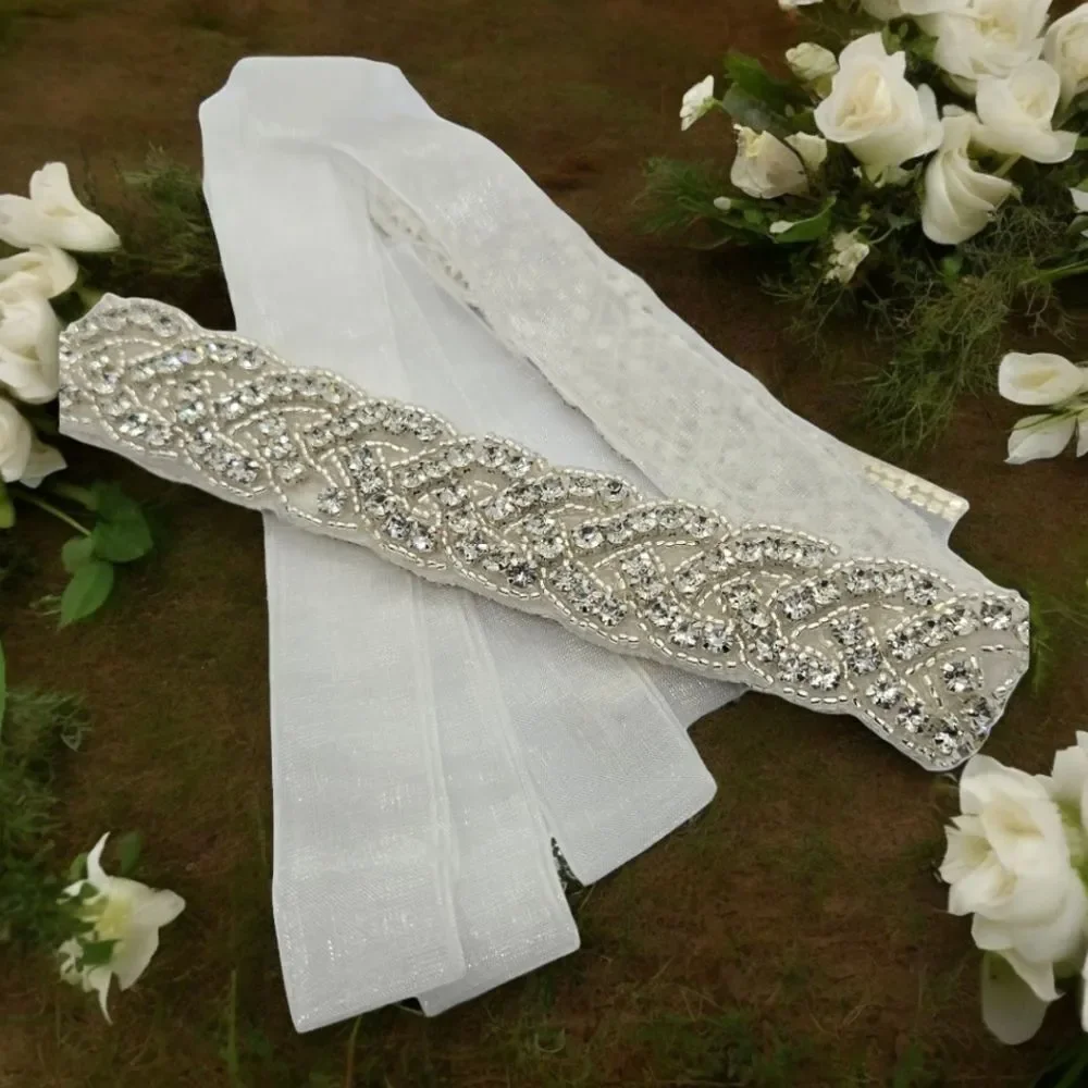 Rhinestone Bridal Belt Sash Crystal Beaded Wedding Dress Waist Tie White 95